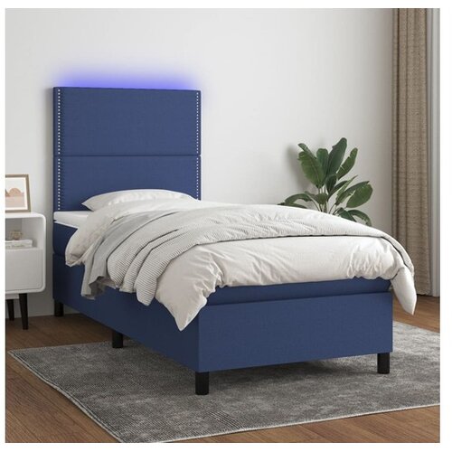  Box spring postelja z vzmetnico LED modra 90x200 cm blago Cene