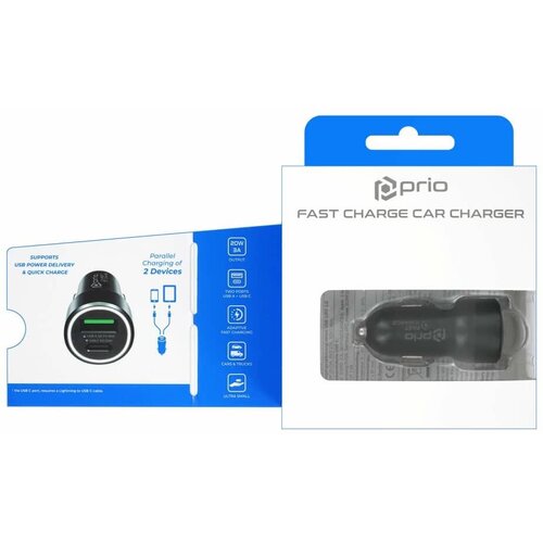 Prio Fast Charge Car Charger 20W PD (USB C) + QC 3.0 (USB A) black Slike