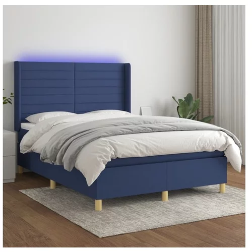  Box spring postelja z vzmetnico LED modra 140x190 cm blago