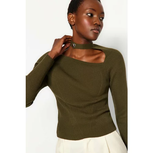 Trendyol Oil Green Crop Window/Cut Out Knitwear Sweater