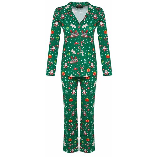 Trendyol Green Single Jersey Christmas Theme Shirt Pants Pajamas Set Slike