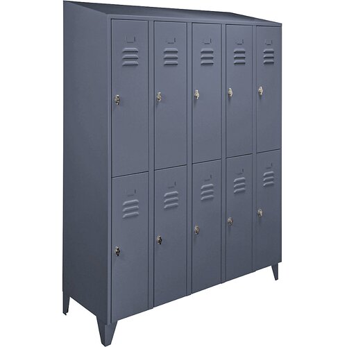 Wolf Garderobna omara s poševnim vrhom, polvisoki predelki, skupna širina 1500 mm, 10 predelkov, modro siva RAL 7031 Cene