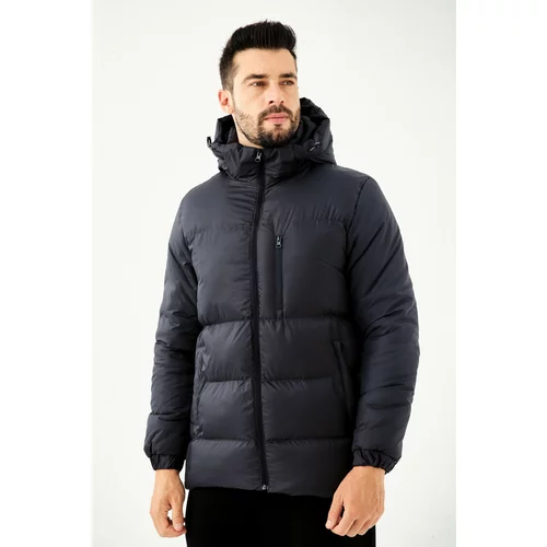 River Club Men's Navy Blue Thick Lined Hooded Water And Windproof Inflatable Winter Coat