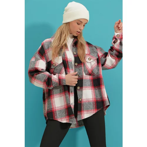 Trend Alaçatı Stili Women's Dry Rose Checkered Stamped Cotton Oversize Jacket Shirt