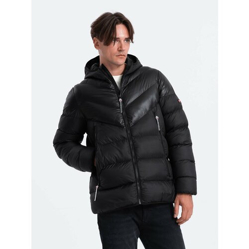 Ombre Men's winter quilted jacket of combined materials - black Cene