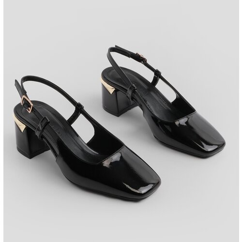 Marjin Women's Chunky Heel Open Back Scarf Classic Heel Shoes Licai Black Patent Leather Slike