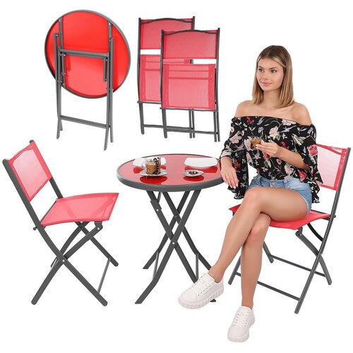  SASKA GARDEN 1056074 balkonski vrtni set &amp;ndash; okrugli stol + 2 sklopive stolice, crveni Slike