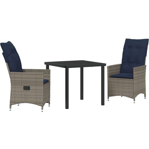  3-dijelni vrtni set za objedovanje s jastučićima sivo poli ratan vrtni stol crn 80x80x73 cm s kaljenim staklom Slike
