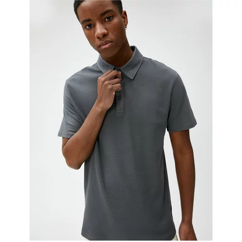 Koton Polo Neck T-Shirt with Textured Buttons, Slim Fit, Short Sleeves.