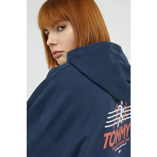 Tommy Jeans Pamučna dukserica za žene, boja: tamno plava, s kapuljačom, s tiskom