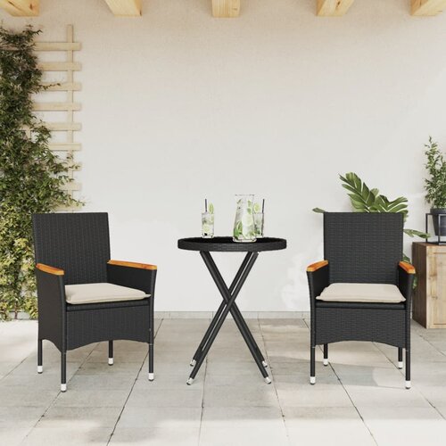 vidaXL Bistro garnitura 3-delna z blazinami črn poli ratan in steklo Cene