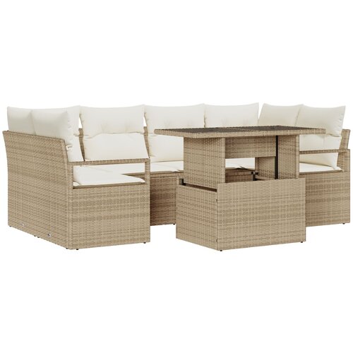 VidaXL 7-dijelni set vrtnih sofa s jastučićima bež poli ratan, 2-sjedalna vrtna sofa s jastučićima bež poli ratan Slike