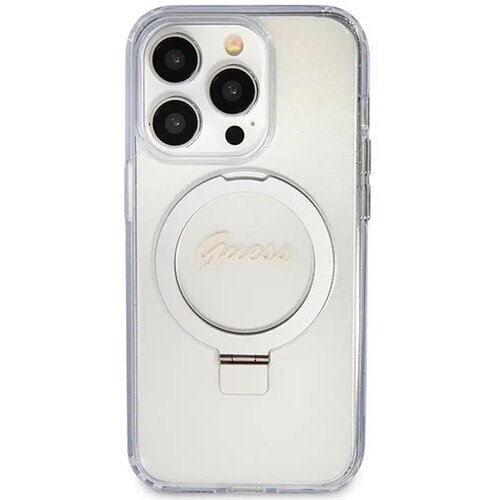  Originalna GUESS Hardcase GUHMP15XHRSGSD torbica za iPhone 15 Pro Max (Magsafe / Glitter Script Logo / stalak za prsten / prozirna) Slike