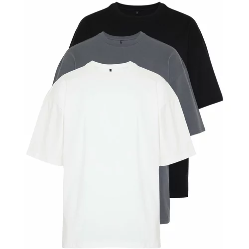 Trendyol Black-Anthracite-Ecru Men's Oversize 3 Pack Basic 100% Cotton T-Shirt