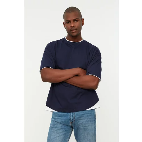 Trendyol Navy Blue Men's Oversize Fit 100% Cotton Crew Neck Short Sleeve Paneled T-Shirt