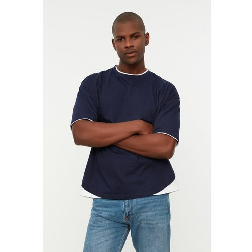 Trendyol Navy Blue Men's Oversize Fit Crew Neck Short Sleeve Paneled T-Shirt Slike