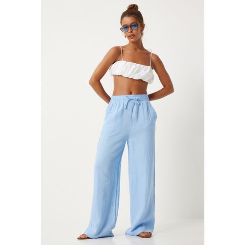 Happiness İstanbul Women's Sky Blue Muslin Palazzo Trousers Slike