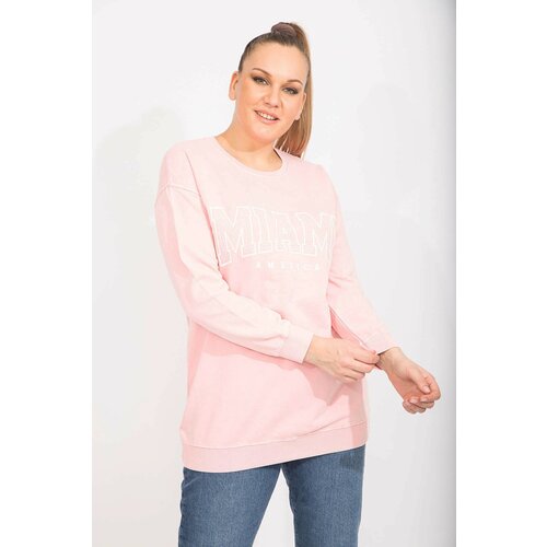 Şans Women's Plus Size Pink Cotton Fabric Stone And Print Detail Sweatshirt Cene