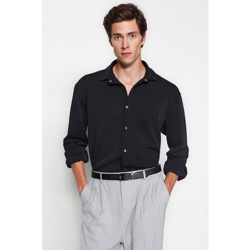 Trendyol Men&amp;#039;s Black Regular Fit Label Detailed Snap Closure Knitted Stretchy Comfy Shirt Slike
