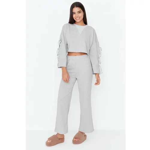 Trendyol Gray Melange Sleeve Tie Detailed Crop Length Knitted Pajamas Set