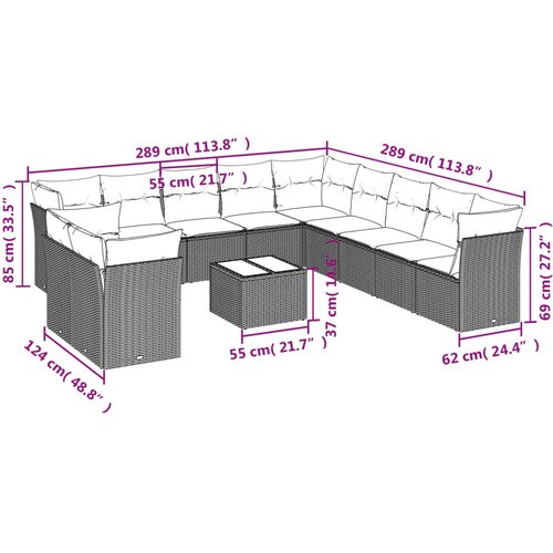  12-dijelni set vrtnih sofa poliratan s jastucima svijetlosivi Slike