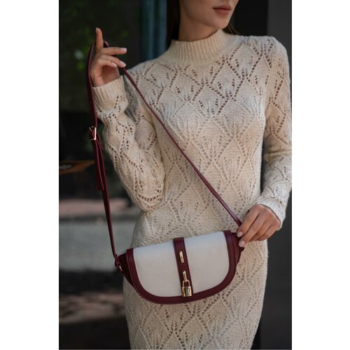 Madamra Claret Red-Cream Women's Contrast Design Crossbody Bag Slike