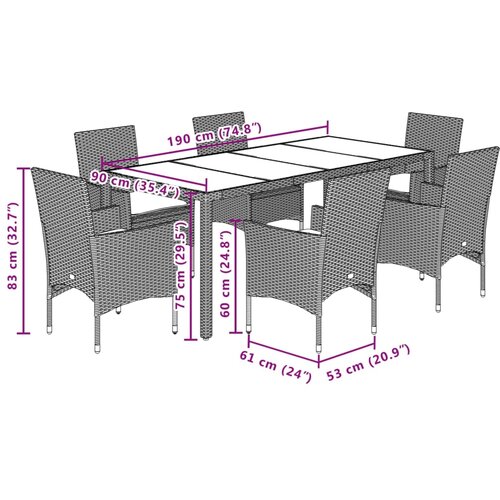  7-dijelni vrtni blagovaonski set s jastucima poliratan i staklo Siva 190 x 90 x 75 cm Slike