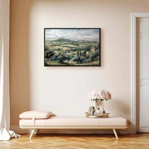  Slika - Landscape with Green Fields and Trees Tuscan Sunny View 120x80 U crnom drvenom okviru Slike