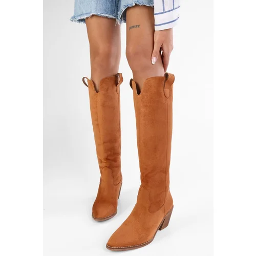 Shoeberry Women's Rebel Tan Suede Cowboy Boots