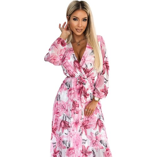 Numoco Pleated midi dress with neckline and long sleeves Slike