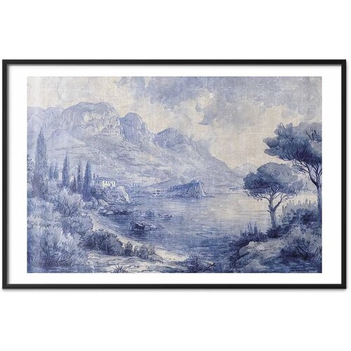  Plakat - Blue Bay - Italian Landscape of Lake Como Painted in Blue Ink 60x40 Crni okvir s margom Cene