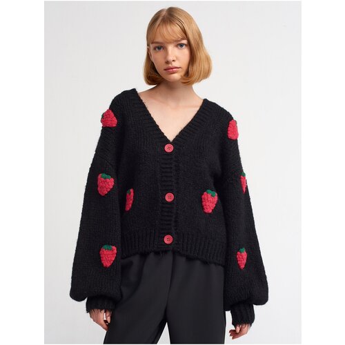 Dilvin 60185 V-Neck Strawberry Embroidered Balloon Sleeve Knitwear Cardigan-black Slike
