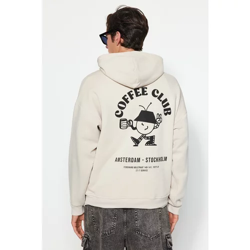 Trendyol Stone Men's Oversize/Wide-Cut Hoodie with Fluffy Print Detailed Fleece Inner Cotton Sweatshirt.