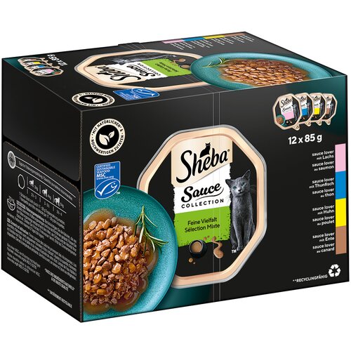 Sheba Multi pakiranje varijante zdjelice 12 x 85 g - Sauce Lover (losos; tuna; piletina; pačetina) Slike