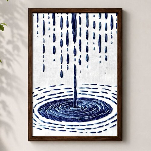 Wallxpert uramljena mdf slika 3752KACT-041, plave kapi ki&scaron;e i krugovi na vodi u stilu veza, 37 x 52 cm Cene