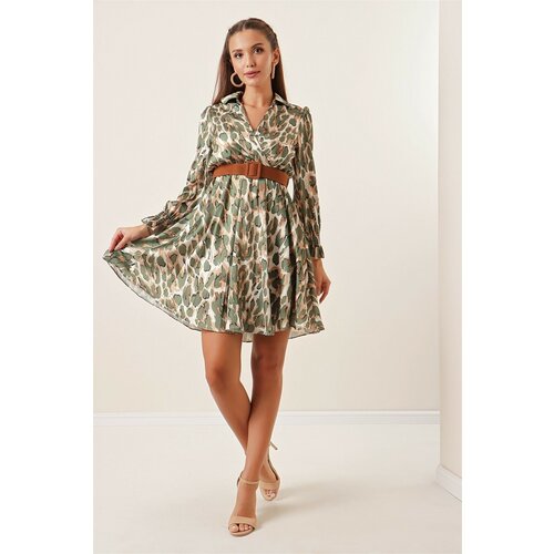 By Saygı Double-breasted Collar Leopard Pattern Lined Satin Dress with Belted Waist Khaki Slike
