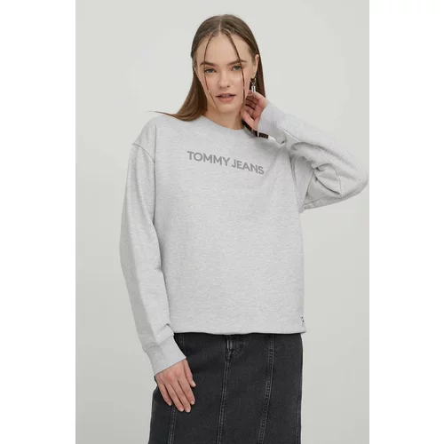 Tommy Jeans Bombažen pulover ženska, siva barva