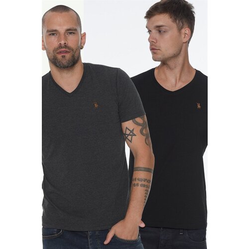 Dewberry DOUBLE SET T8568 V-NECK MEN&amp;#039;S T-SHIRT-BLACK-ANTHRACITE Slike