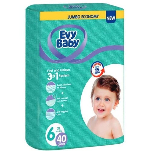 Evy Baby pelene za bebe jumbo 6 xl 16+ kg, 40kom, 3 u 1 j A064326 Slike