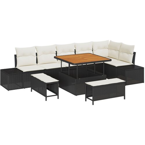 vidaXL 9-dijelni set vrtnih sofa s jastučićima crni poli ratan akacija, dvosjedna vrtna sofa s jastučićima crni poli ratan, 3-dijelni set vrtne trpeze s jastučićima crni poli ratan akacija Cijene