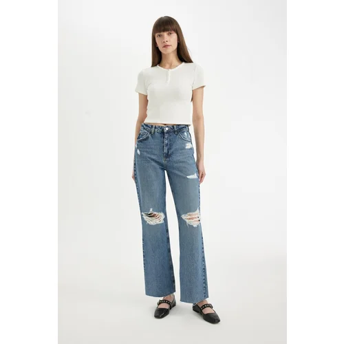 Defacto 90's Wide Leg Ripped Detailed High Waist Long Jean Trousers