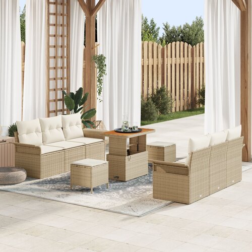vidaXL 9-dijelni vrtni sofa set s jastučićima bež poli ratan acacia, 2-sjedni vrtni sofa s jastučićima bež poli ratan, 3-dijelni vrtni blagovaonski set s jastučićima bež poli ratan acacia Cijene
