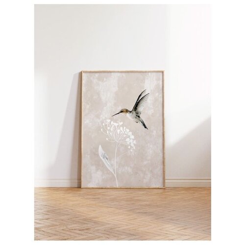 Wallxpert uramljena slika 115241, kolibri i beli cvet na svetlobež teksturisanoj pozadini, 50 x 70 cm, ram u boji prirodnog drveta Slike