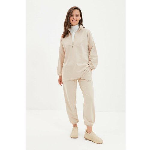 Trendyol Beige Zippered Stand Up Collar Knitted Both Smoked Tracksuit Set Cene