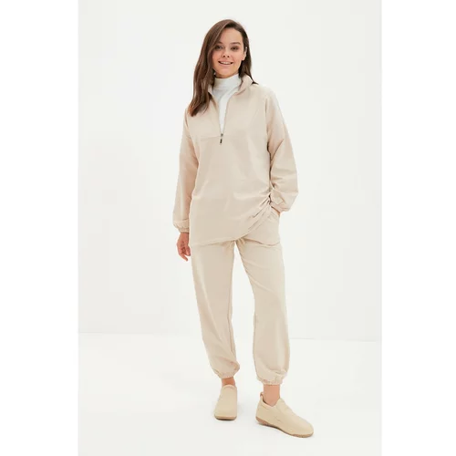Trendyol Beige Zippered Stand Up Collar Knitted Both Smoked Tracksuit Set