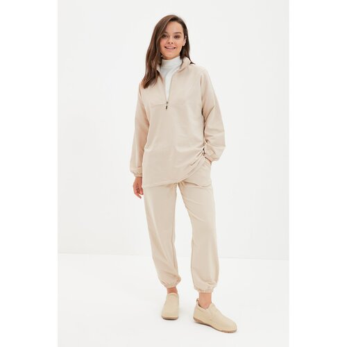 Trendyol Beige Zippered Stand Up Collar Knitted Both Smoked Tracksuit Set Slike