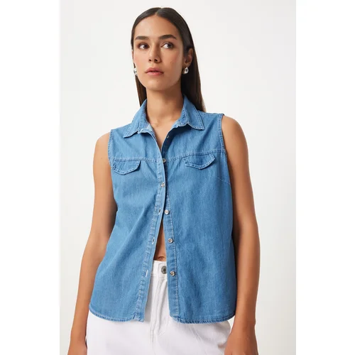 Happiness İstanbul Women's Blue Pocket Flap Denim Vest