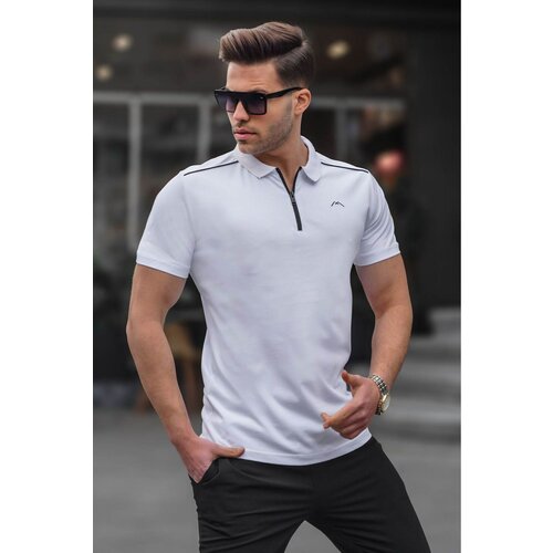 Madmext Men's White Basic Zippered Polo T-Shirt 6076 Cene