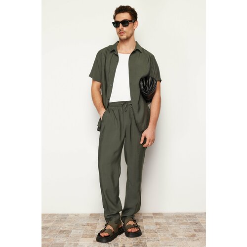 Trendyol Men's Khaki Regular Fit Modal Blended Trousers with Elastic Waist Slike