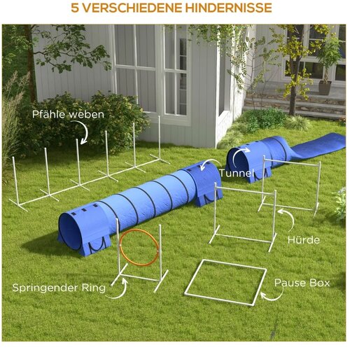  Set za agility za pse staza s preprekama za pse 1 guma 2 tunela 2 prepone 321 cm x 63 cm x 93 cm plava + crvena + bijela Slike